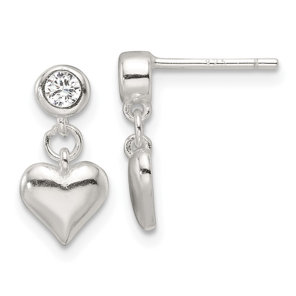 Sterling Silver E-Coating Cz Heart Dangle Post Earrings
